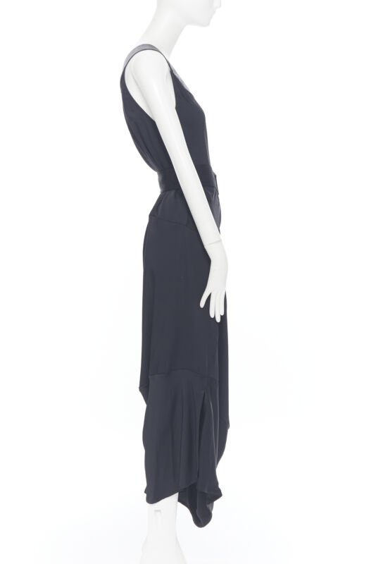 VICTORIA BECKHAM Runway heavy satin leather collar belted bias dress UK12 L