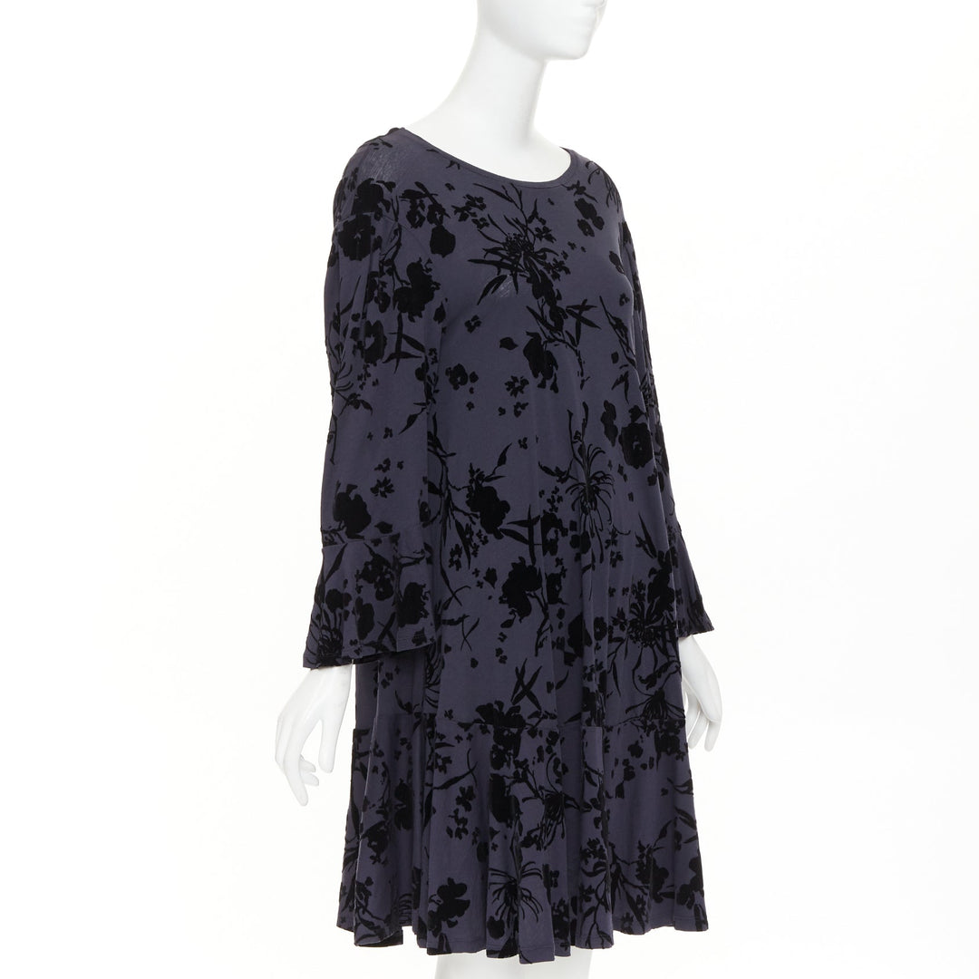 DRIES VAN NOTEN grey cotton black velvet damask floral flock print dress XS