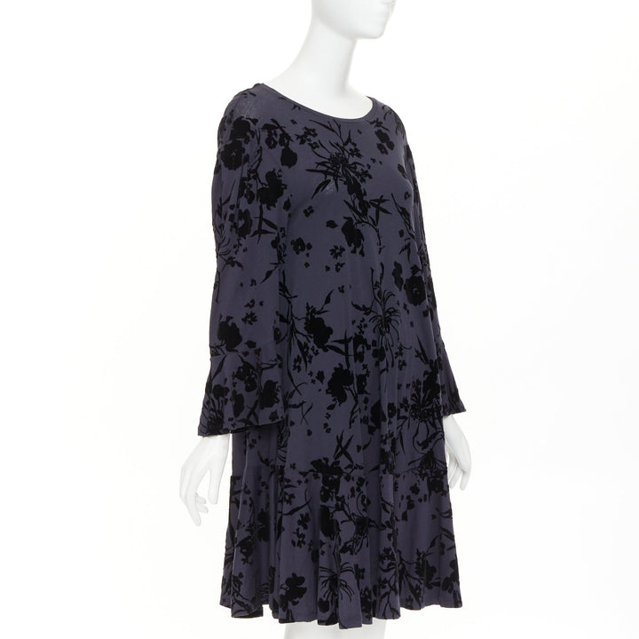 DRIES VAN NOTEN grey cotton black velvet damask floral flock print dress XS