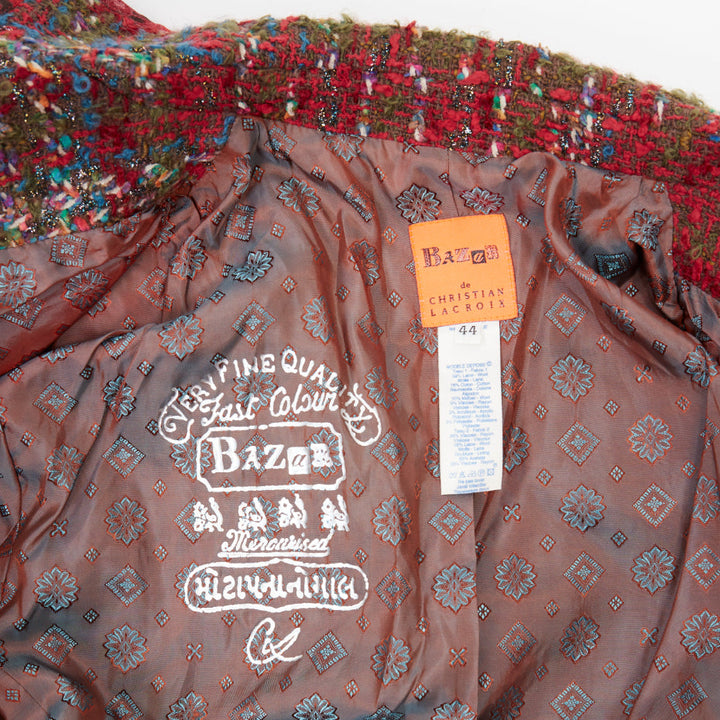 CHRISTIAN LACROIX BAZAR 1996 red plaid tweed crest button blazer jacket FR44 XL