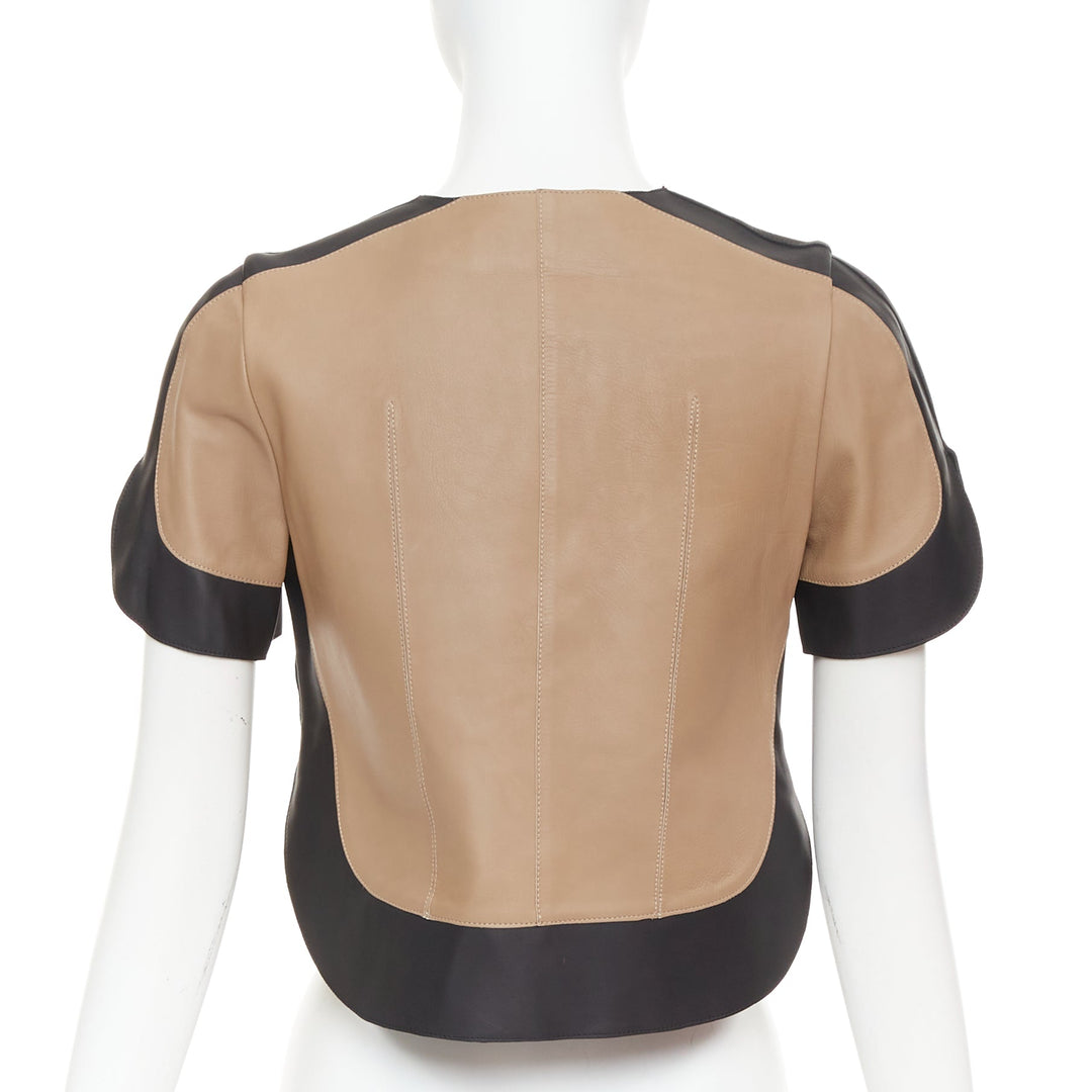 MARNI tan black calf leather curved panel petal sleeves cropped jacket IT38 XS