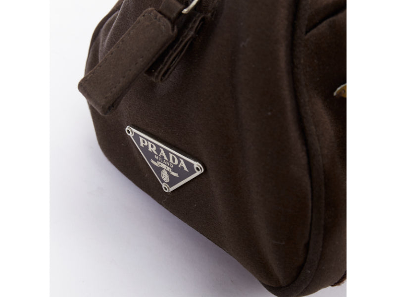 PRADA Vintage brown satin leather beads embroidered top handle bag
