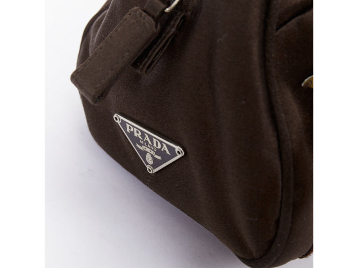 PRADA Vintage brown satin leather beads embroidered top handle bag