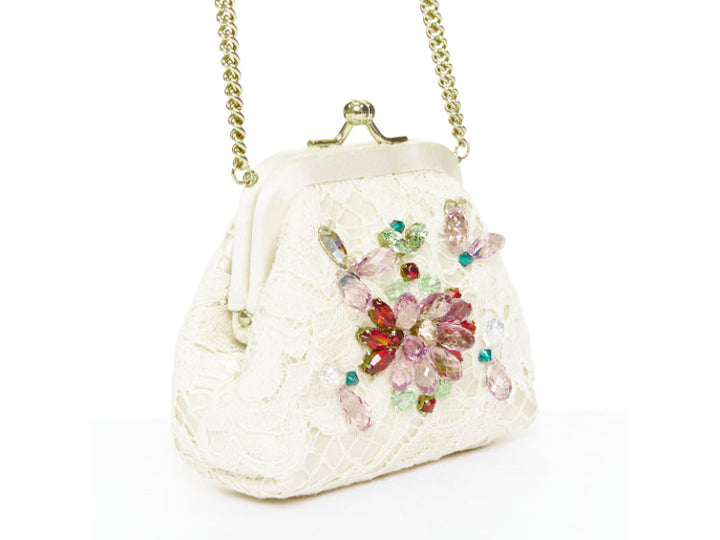 DOLCE GABBANA cream lace multicolour stone beaded kisslock chain micro bag