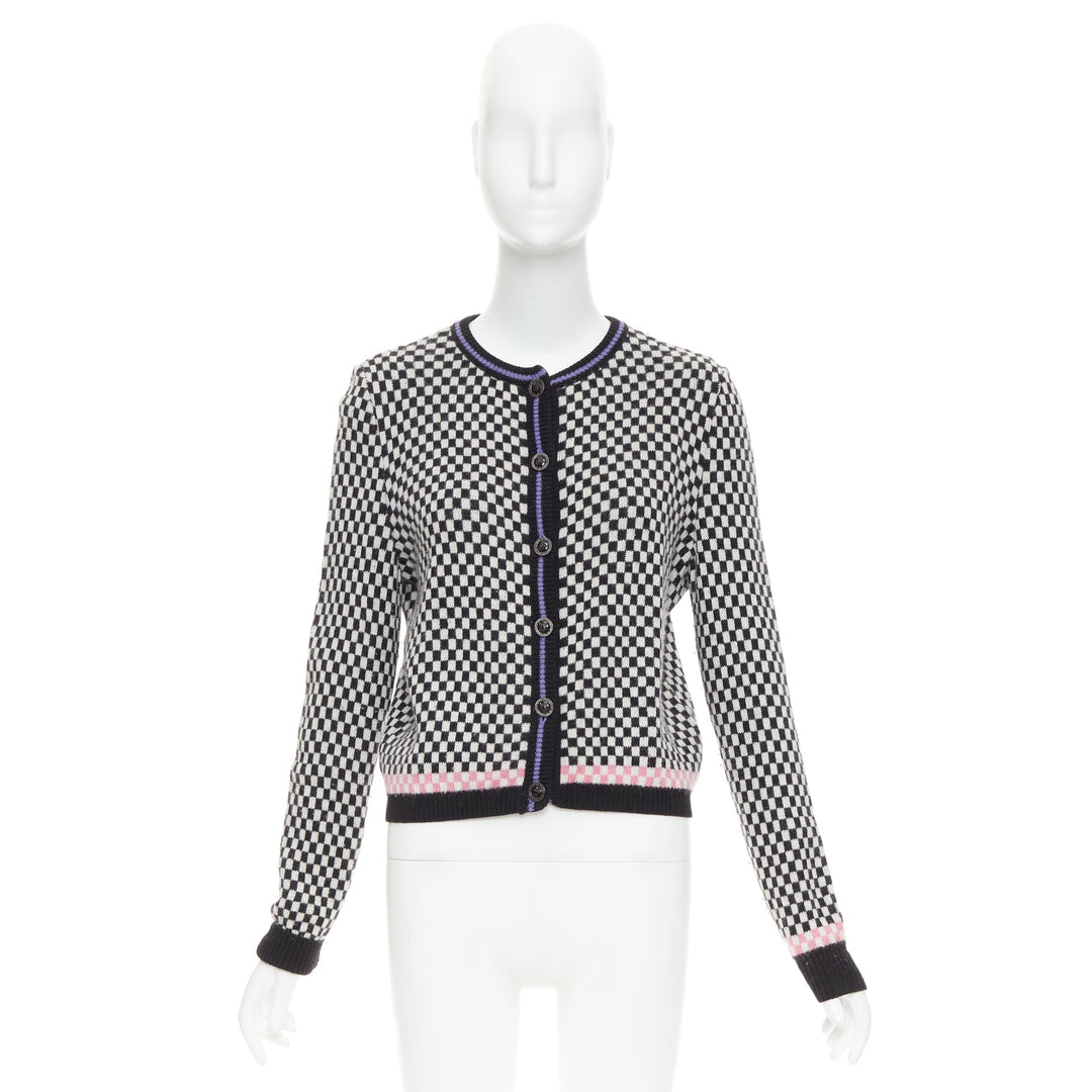 GIANNI VERSACE Vintage wooly checkered pink purple trim cardigan IT42 M