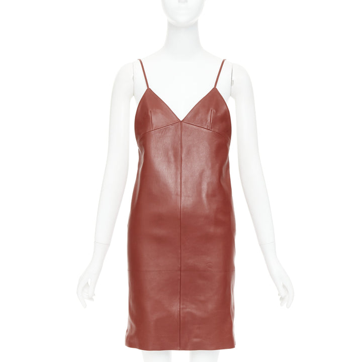 SAINT LAURENT 2024 Goji burgundy lambskin plunge low cut back slip dress FR34 XS