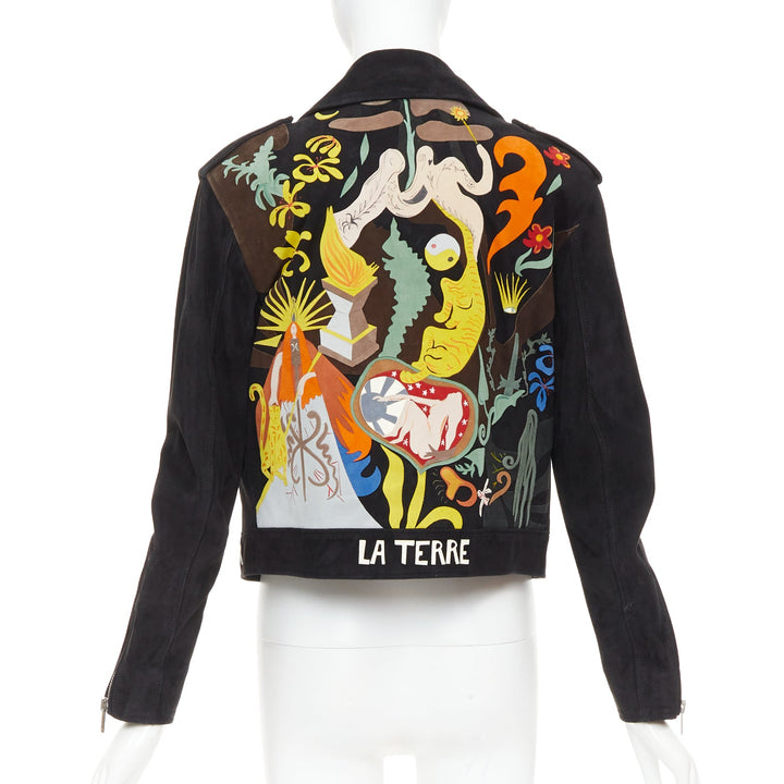 CHRISTIAN DIOR black suede lambskin leather patchwork biker jacket FR36 S