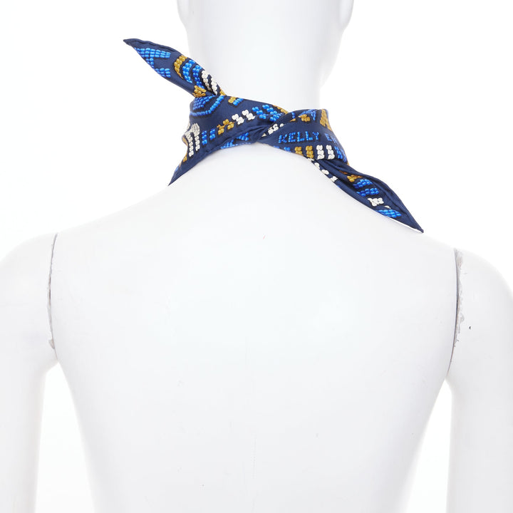 HERMES Gavroche 45 Kelly en Perles bead print navy blue silk twill scarf