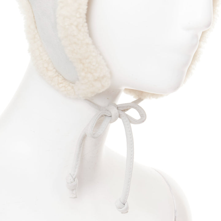 HERMES Mouton Moelluex light grey lambskin suede shearling trapper hat 56cm