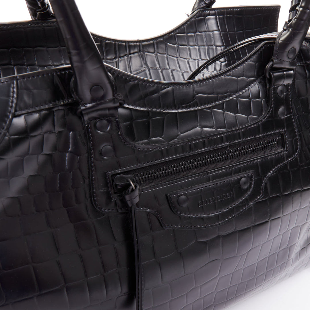 BALENCIAGA 2021 Neo Classic City black matte croc embossed leather satchel bag