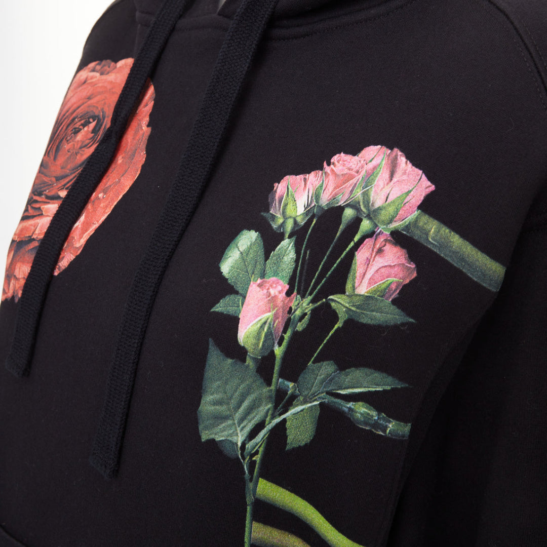 VALENTINO black cotton oversized macro rose floral print pouch hoodie M