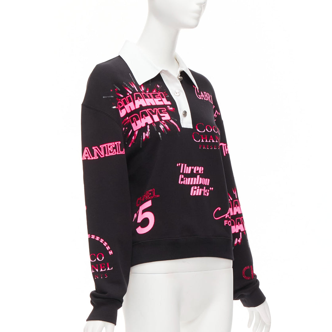 CHANEL neon pink black CC logo graphic cotton 5 silver button polo shirt S