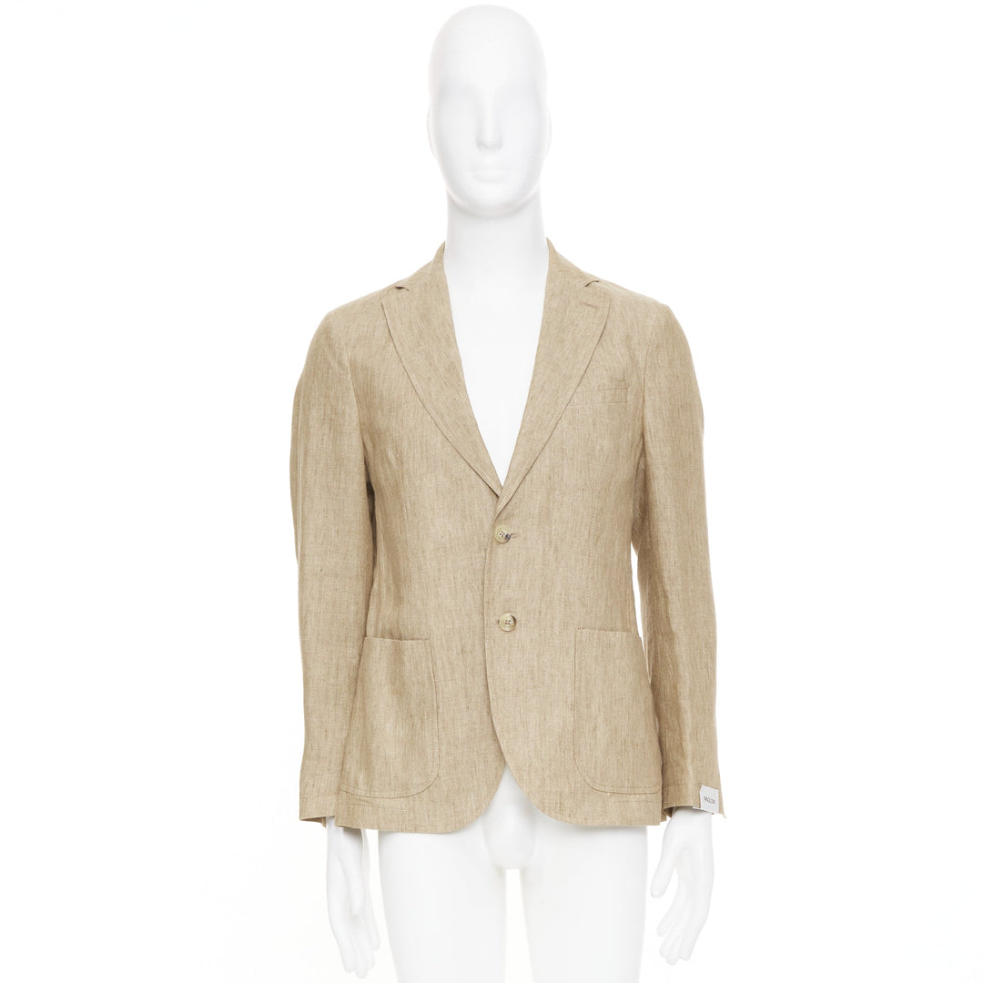 PAOLONI brown textured slub linen notch lapel three button patch jacket EU46 S
