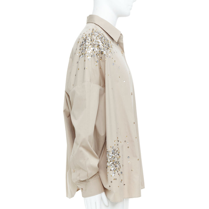 DRIES VAN NOTEN 2024 Casia beige sequin bead embellished cotton shirt M