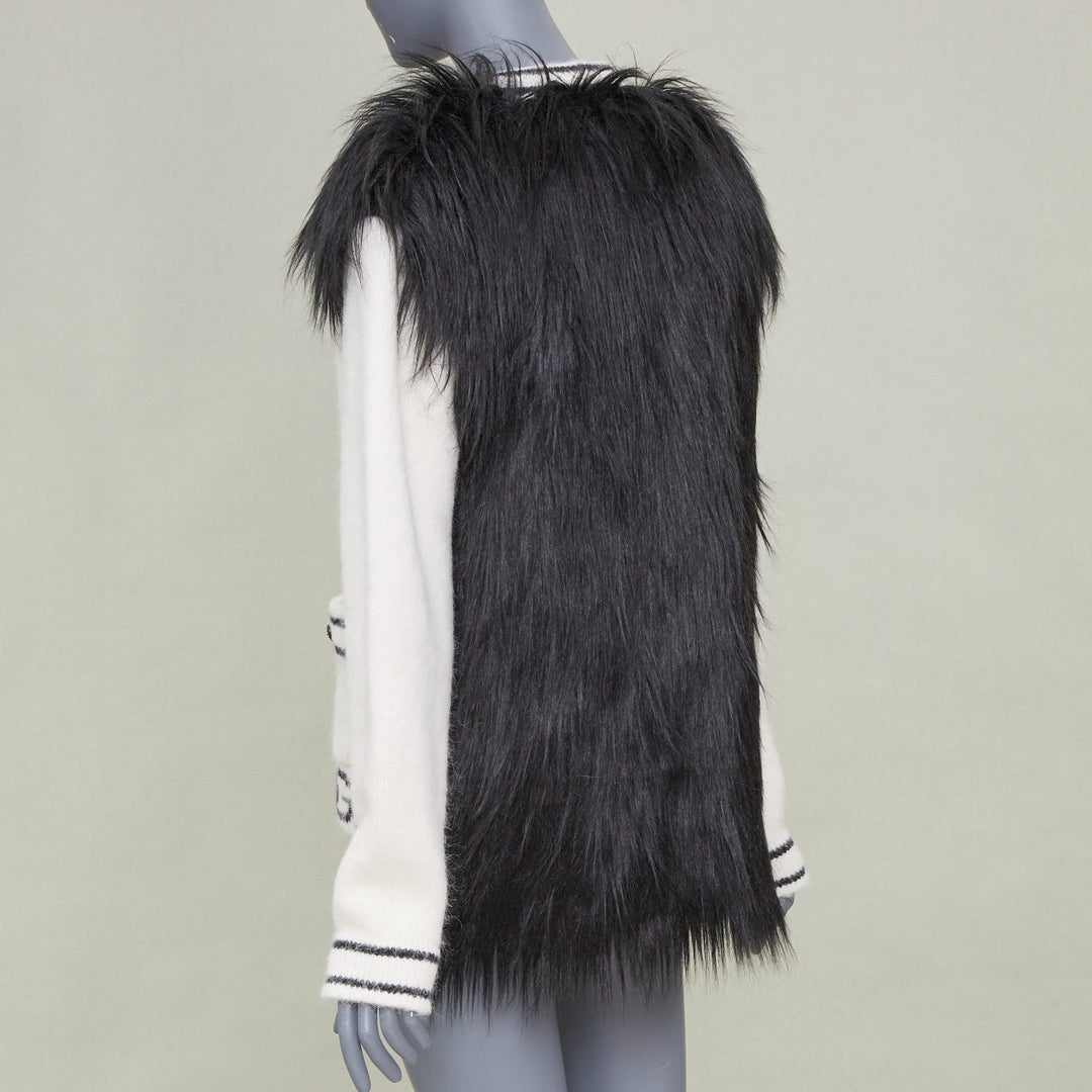 DOLCE GABBANA 2021 Runway faux fur panel logo alpaca knitwear cardigan IT38 XS