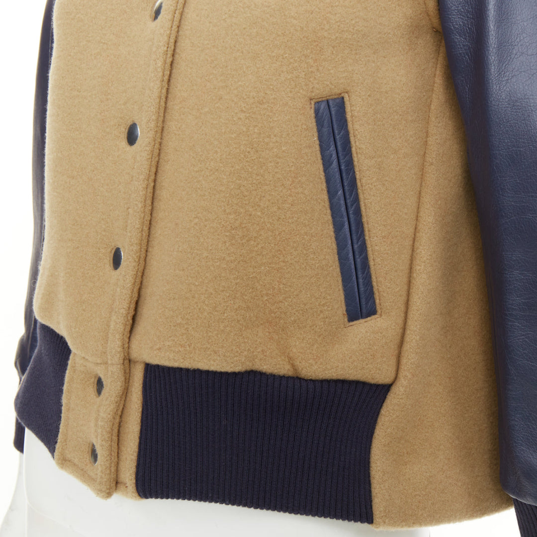 SACAI LUCK camel wool leather sleeve flared collegiate bomber jacket JP1 S
