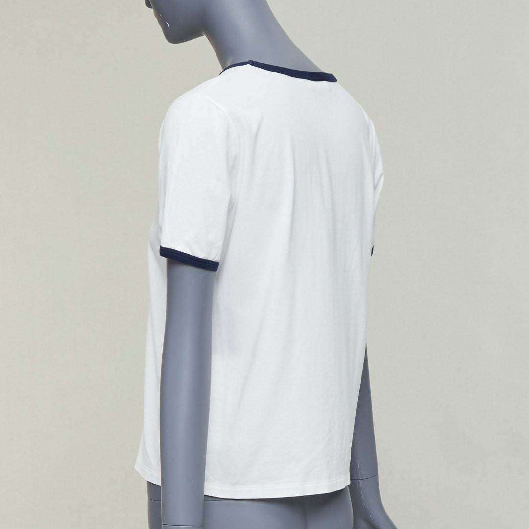 CELINE Triomphe cream navy cotton logo print crew neck ringer tshirt M
