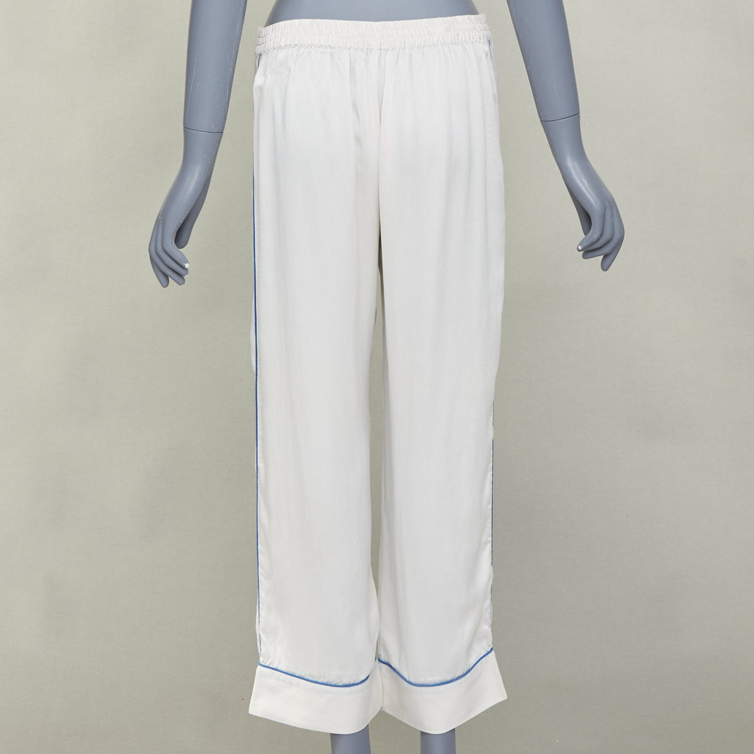 OLIVIA VON HALLE Coco ivory off white blue piping silk sleepwear set Sz1 S