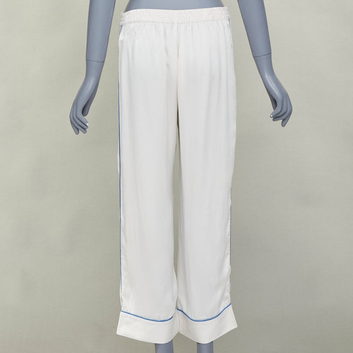 OLIVIA VON HALLE Coco ivory off white blue piping silk sleepwear set Sz1 S