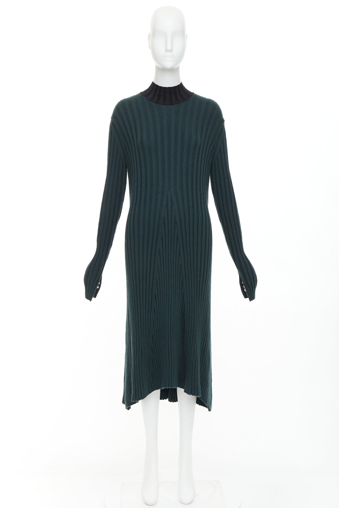 OLD CELINE Phoebe Philo 2014 dark green wool mock neck ribbed knit dress S