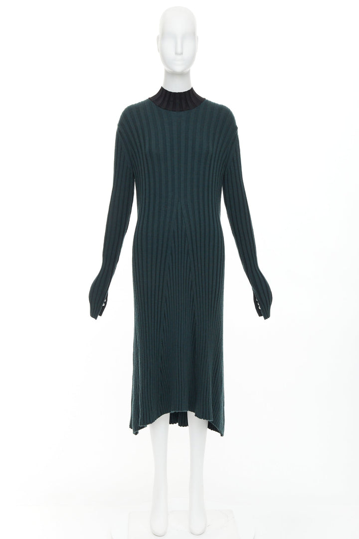 OLD CELINE Phoebe Philo 2014 dark green wool mock neck ribbed knit dress S