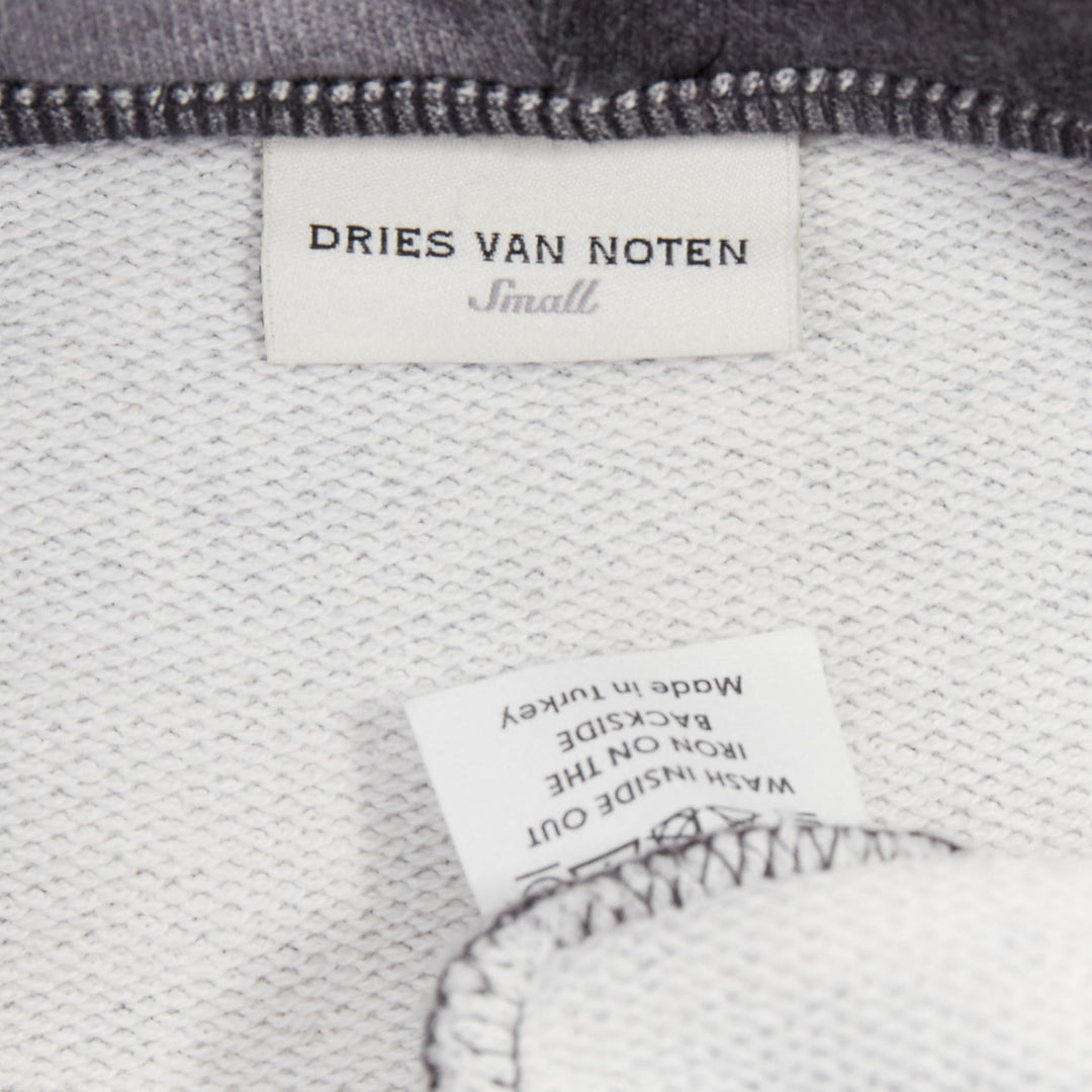 DRIES VAN NOTEN grey ivory cotton abstract rose print black drawstring hoodie S