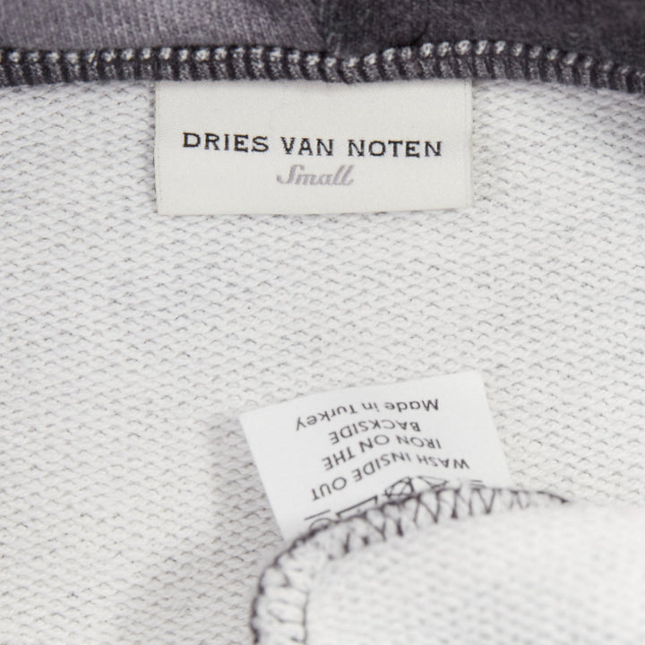 DRIES VAN NOTEN grey ivory cotton abstract rose print black drawstring hoodie S