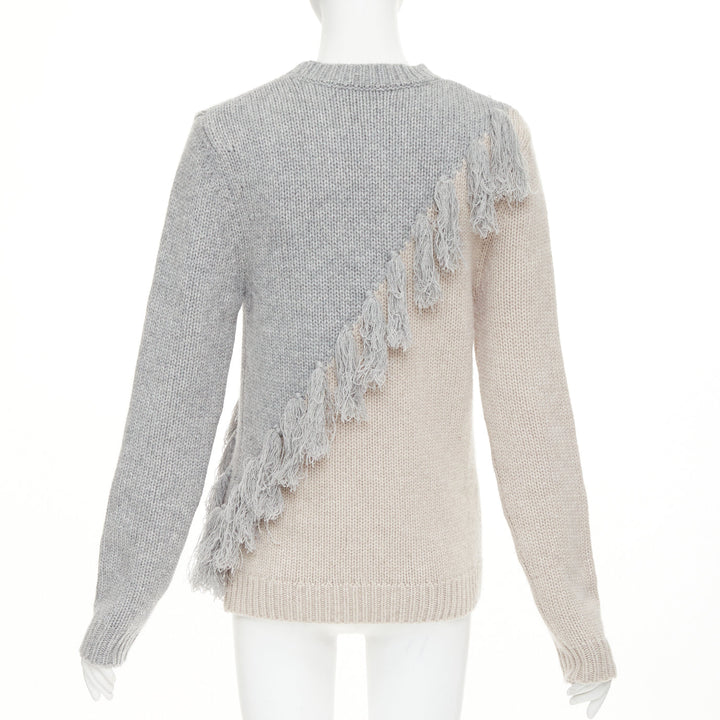 JW ANDERSON grey beige wool cashmere tassel trim asymmetric split  sweater XS