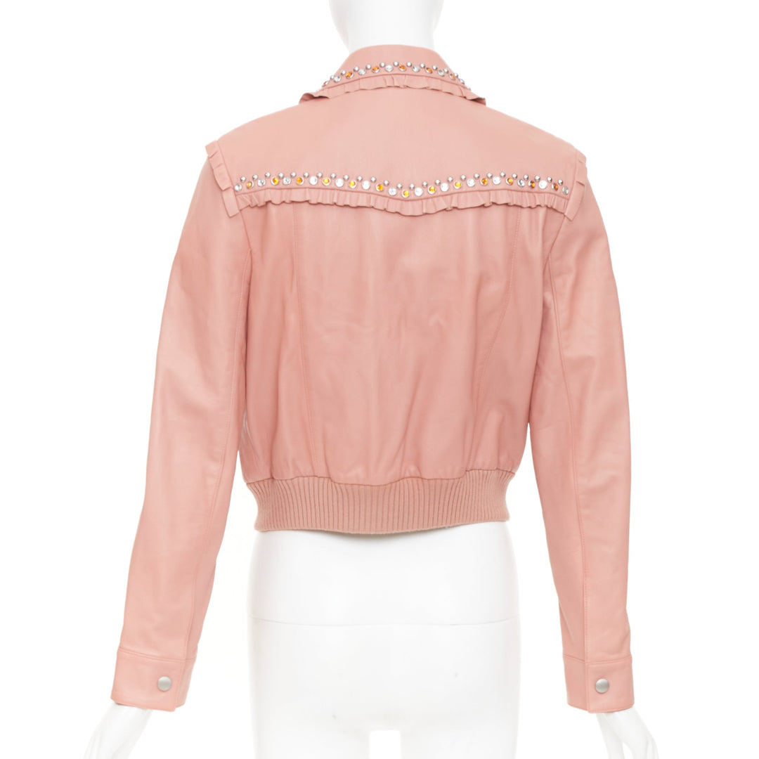 MIU MIU 2016 Runway ruffle studded crystal trim lambskin leather jacket IT42 M