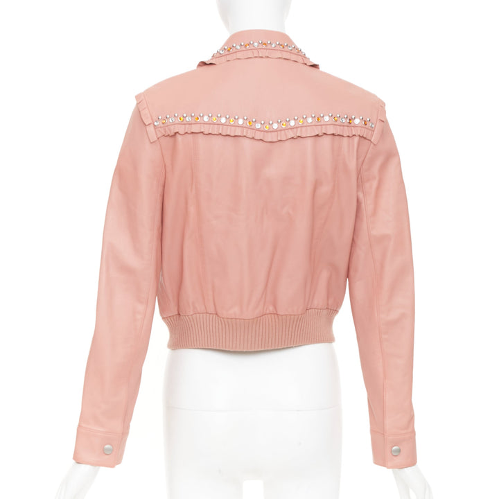 MIU MIU 2016 Runway ruffle studded crystal trim lambskin leather jacket IT42 M