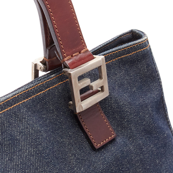 FENDI Vintage Twin dark blue denim FF buckle brown handle bag