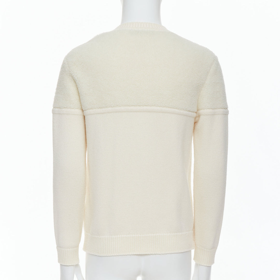 Male mannequin wearing Fendi Cream Wool Men Sweater in Size IT46 | Available at JHROP