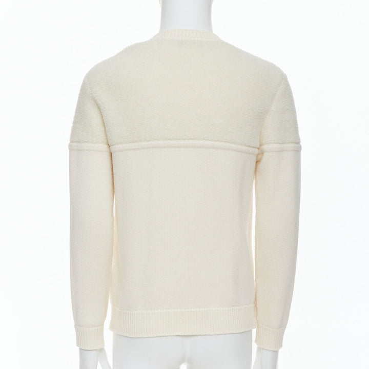 Male mannequin wearing Fendi Cream Wool Men Sweater in Size IT46 | Available at JHROP