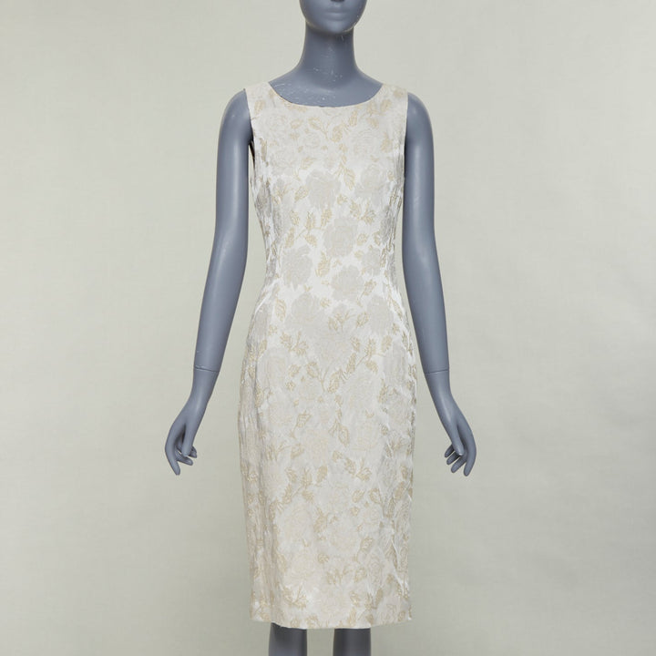 DOLCE GABBANA grey gold floral lurex jacquard bateau neck sheath dress IT42 M