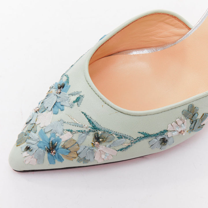 SHIATZY CHEN mint green leather embroidered floral sling pumps EU36