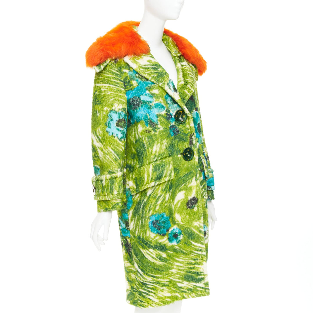 PRADA 2017 Runway alpaca wool felt green floral orange fur collar coat IT40 S