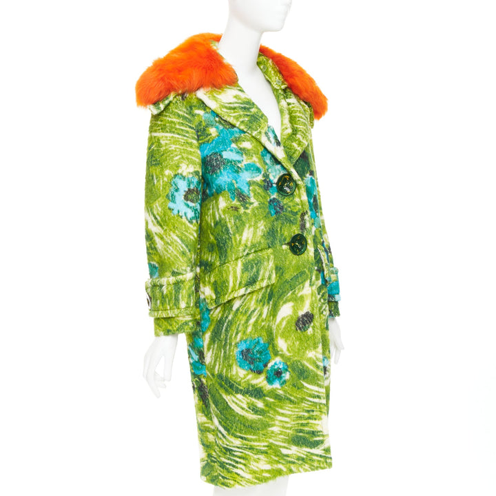 PRADA 2017 Runway alpaca wool felt green floral orange fur collar coat IT40 S