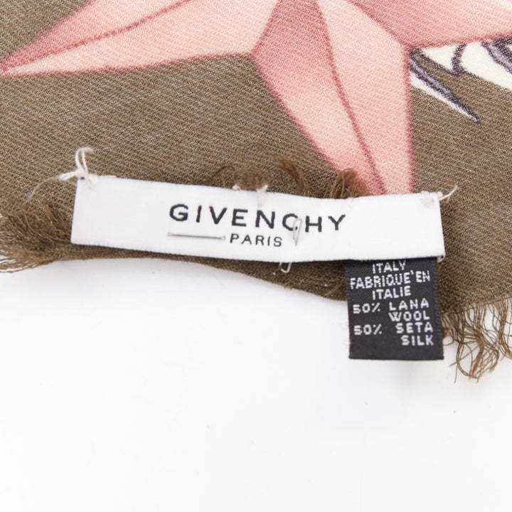 GIVENCHY Riccardo Tisci pink olive green wool silk rose print fringed trim scarf