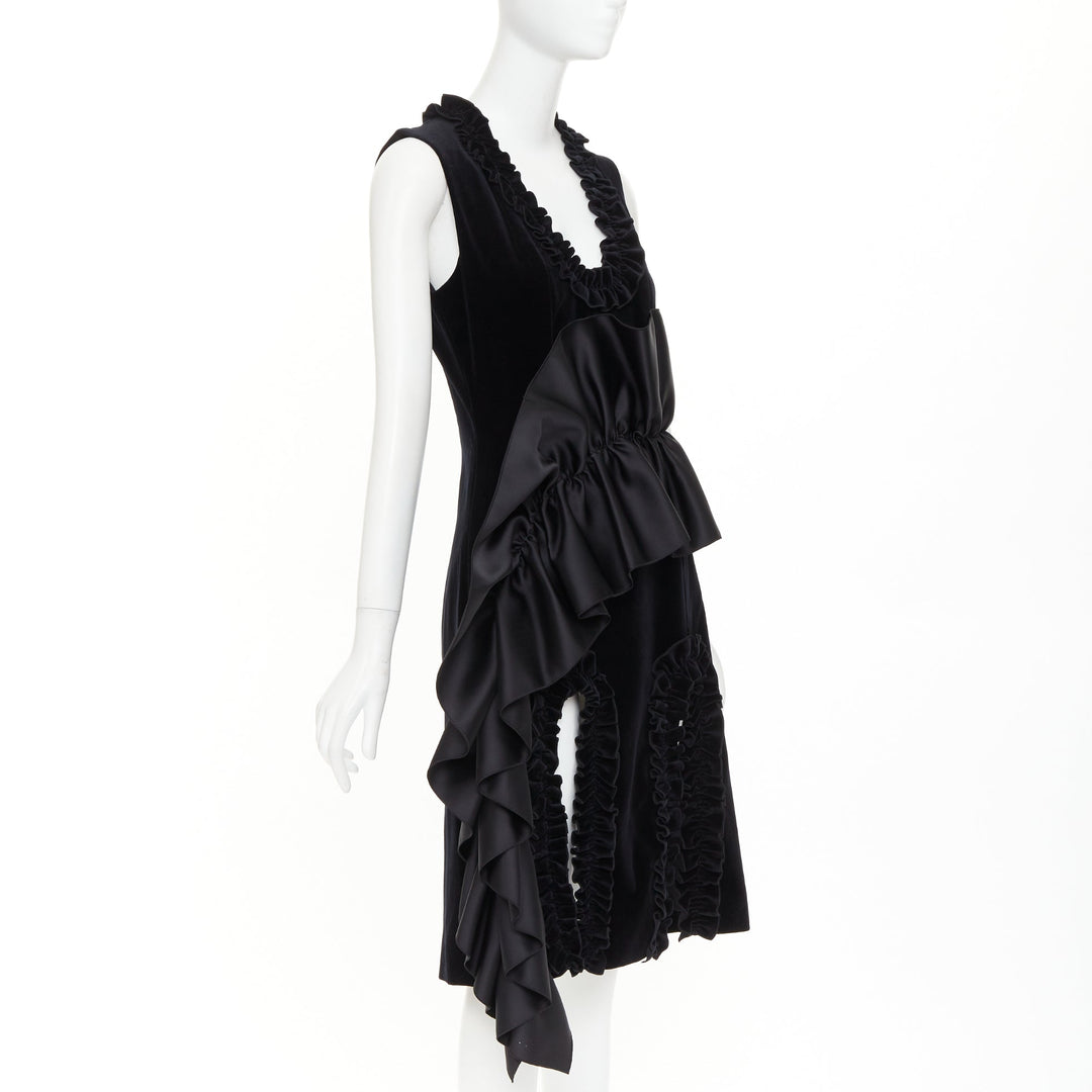 CHRISTOPHER KANE Runway black velvet satin paneled ruffled midi dress UK10 M