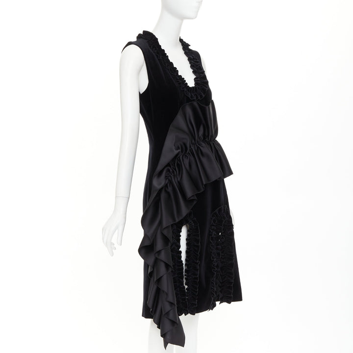 CHRISTOPHER KANE Runway black velvet satin paneled ruffled midi dress UK10 M