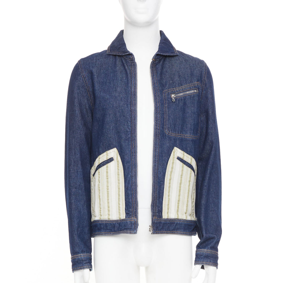 WALES BONNER Miles contrast stripe pocket raw blue multi denim outerwear IT46 S