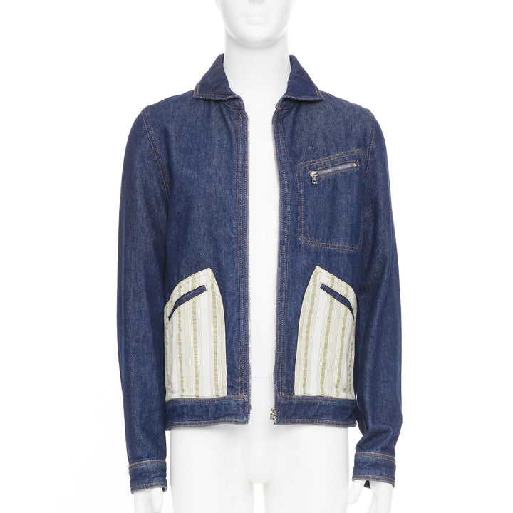 WALES BONNER Miles contrast stripe pocket raw blue multi denim outerwear IT46 S