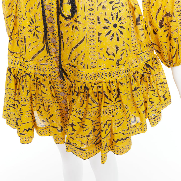 ZIMMERMANN Lulu yellow cotton ethnic print belted tiered mini dress US2 XXS