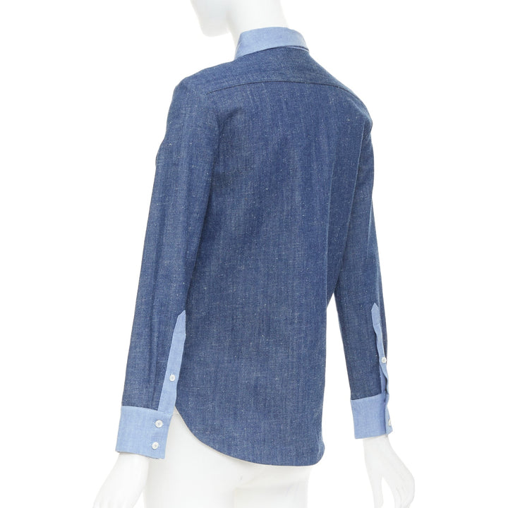 OLD CELINE Phoebe Philo 2011 Runway blue patchwork denim button-up shirt FR36 S