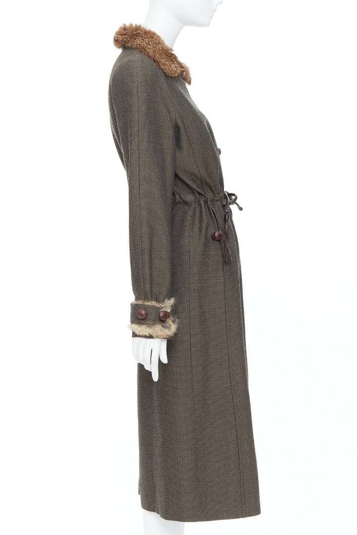 YVES SAINT LAURENT Vintage brown wool tweed fur trim maxi coat FR36 S