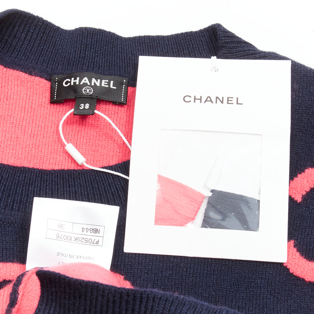 CHANEL 21P pink navy CC logo intarsia cashmere blend cropped sweater FR38 M