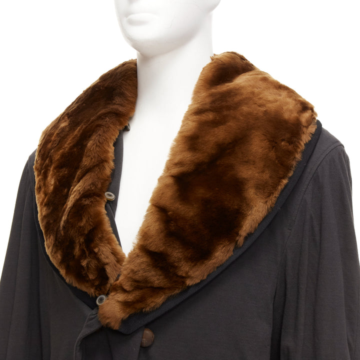 rare JEAN PAUL GAULTIER HOMME brown faux fur collar black cotton belted coat L