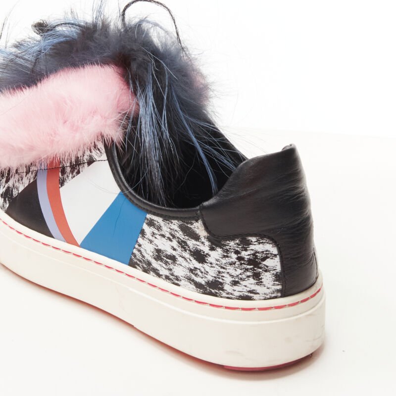 FENDI Flynn pink mohawk fur panel printed leather low top sneaker EU37