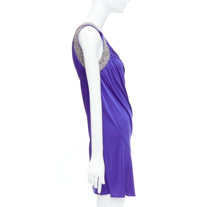 EMILIO PUCCI purple silver beaded neck one shoulder tiered dress IT38 XS