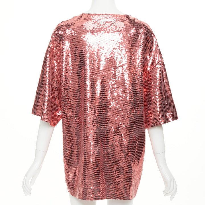 CELINE 2022 Runway rose pink white sequin logo oversized jersey tshirt M
